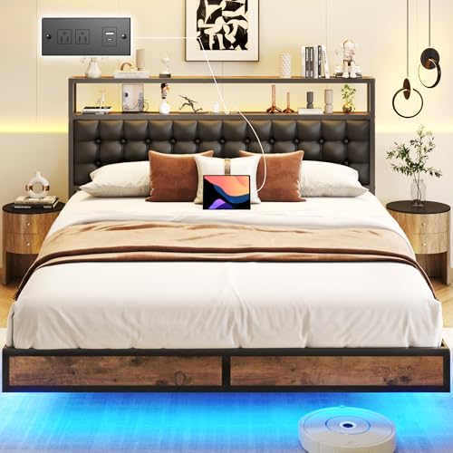 Image of HISOFT Floating Queen Bed Frame with 2-Tier Storage Headboard, Metal Queen Bed Frame with Charging Station & LED, Faux Leather, No Box Spring Needed, Noise Free, Easy to Assemble, Black Square