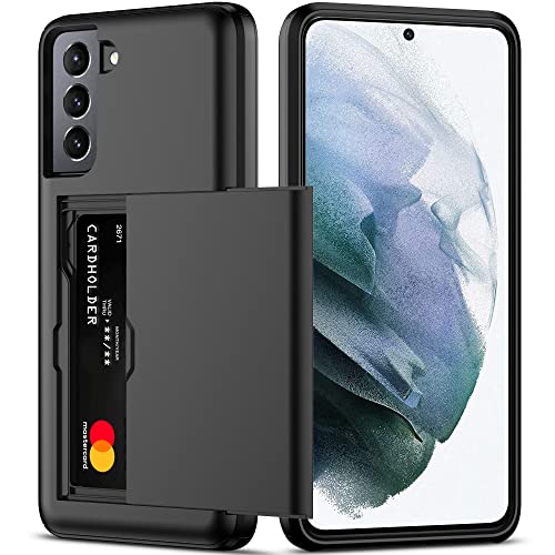 Nvollnoe for Samsung S21 Case with Card Holder 5G 6.2 inch Dual Layer Heavy Duty Protective for Galaxy S21 Case Hidden Card Slot Slim Wallet Case for Samsung S21(Black)