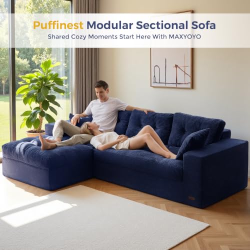 Image of MAXYOYO 96 inch L Shaped Modular Sectional Sofa with Ottoman, Cloud Boneless Couch with Layered Cushion, Upholstered Flexible Module Combination Sofa for Living Room, No Assembly, Navy