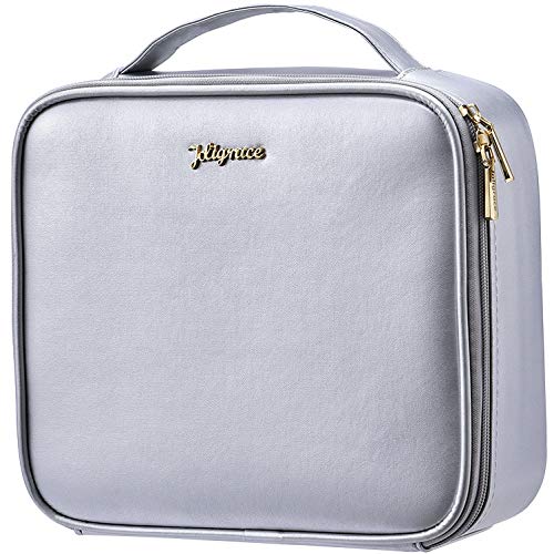 Joligrace Travel Makeup Train Case PU Leather Cosmetic Bag Makeup Organizers Bag Storage with Dividers Brush Holder for Cosmetics Make Up Tools Makeup Artist (Silver)