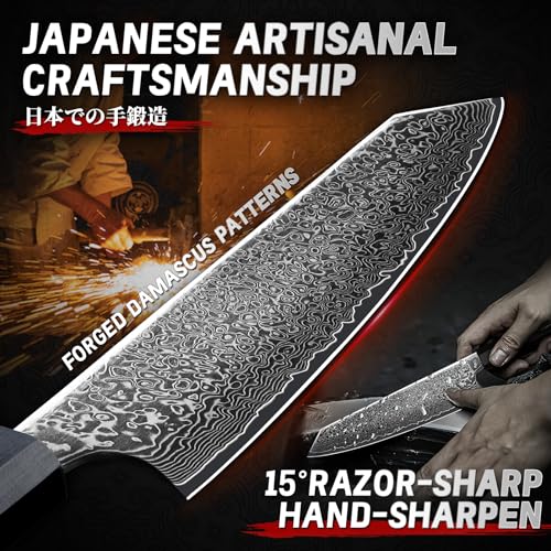 Image of TIVOLI Damascus Japanese Kiritsuke Knife 8 inch with Razor-Sharp Edge | VG10 high-carbon steel, Japanese Artisanal Craftsmanship, G10 Carbon Fiber Handle, Gift Box, for Slicing, Dicing, Chopping