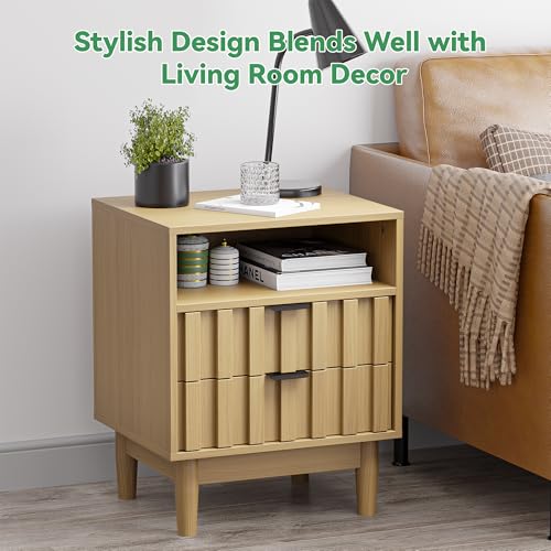 HOCAT Fluted Nightstand with 2 Drawers, 19" Wide Night Stand with Solid Wood Legs, Open Storage Shelf, Mid Century Modern Wooden Bedside Table for Bedroom, Bed End Side Table, Oak — view 6