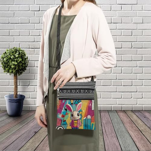 Street Art Rabbit Messenger Bag Small Ethnic Pattern Printed Adjustable Strap Crossbody Zipper Bag Street Art Rabbit Phone Bag Wallet Cute Shoulder Handbag for Women Friends -23