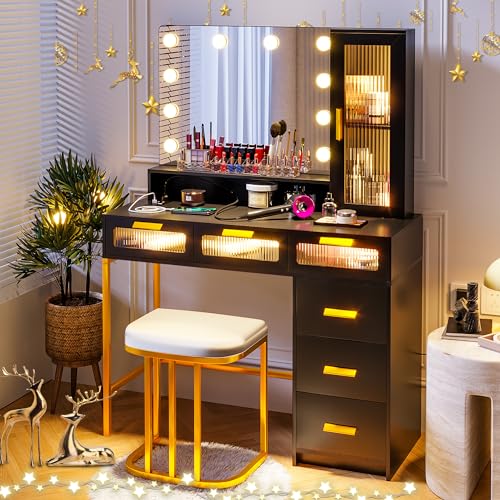 HNEBC Vanity Desk with Sliding Mirror and LED Lights, RGB Vanitys with Charging Station, Makeup Vanitys with Remote Control, White Dresser with Stool/Lager Drawers for Bedroom (Grey)