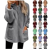 Teddyjacke Damen Reißverschluss Fleece Hoodie Warm Sweatshirt Fleecejacken mit Tasche Kapuzenpullover Winter Sherpa Jacke Weiche Sweatjacke Teddyfleece Plüschjacke Komfortable Casual Pulli(#A Grau,M)