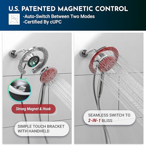 PRIMSOPH Shower Head Handheld Spray Combo 10 Mode Spray Settings Magnetic 2-in-1 High Pressure Dual Showerhead Auto-Switch Round Combination, Chrome