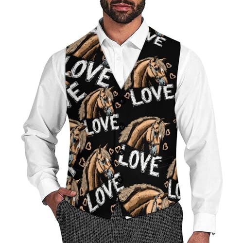 I Love Horses Casual Suit Vest for Men Formal Business Dress Regular Fit Waistcoat Tuxedo