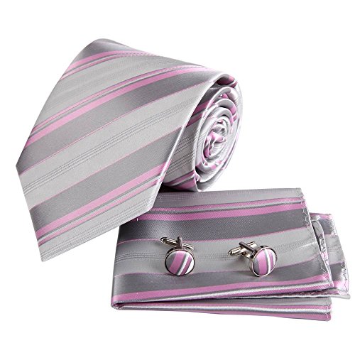 Men Neckties Gray Neck Ties Hanky Cuff Set Pure Silk Stripe Wrinkle-Free Store Business- Casual EAC1003 Epoint Light Gray,Pink