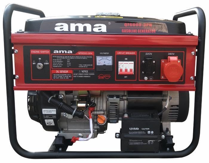 AMA Generatore a Benzina Trifase con AVR da 389cc 5,5KW, Avviamento Elettrico, Autonomia 10 Ore, Rosso e Nero, per Officina e Outdoor