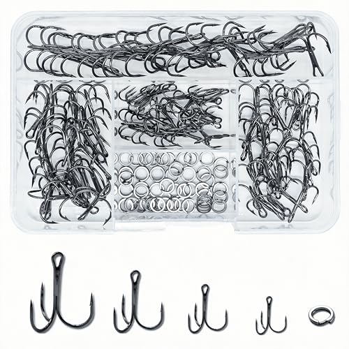 150Pcs Treble Hooks Set, High Carbon Steel Fishing Hooks Replacement Kit - Extra Sharp Round Bend Treble Fishing Hooks with Split Rings for Lure, Saltwater & Freshwater, Bass Fishing Size 2# 4# 6# 8#