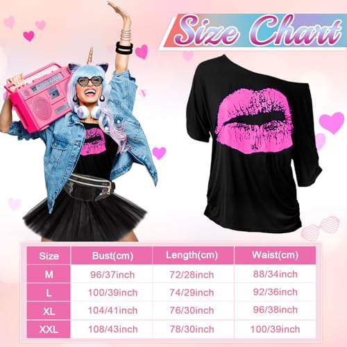 80s Costume Outfits Accessories Set for Girls, 1980s Fancy Dress Party Kits with T-shirt Tutu Bumbag Headband Earring Necklace Fishnet Gloves Leg Warmers Glasses Bracelet Scrunchies for Women Dress up - Image 3