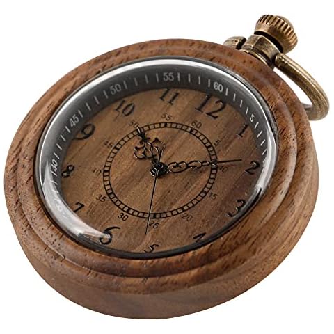 Tiong Unique Wood Quartz Pocket Watch Arabic Numerals Wooden Pocket Watch Vintage Pendant for Men Birthday Christmas Gifts Cover