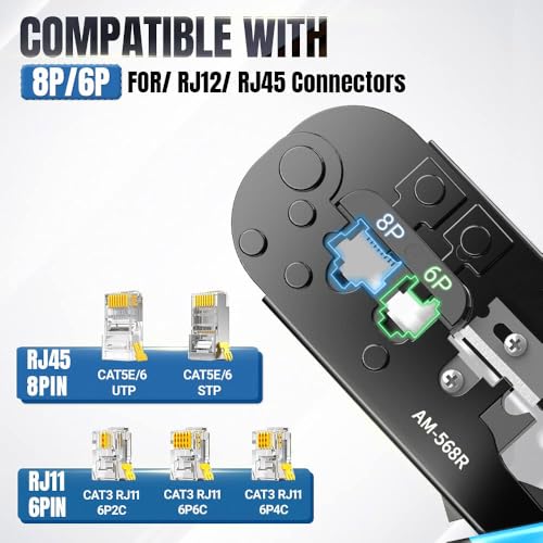 Image of RJ45 Ethernet Cable Crimping Tool Cat5 Cat5e Cat6 for UTP 8P /RJ45 and 6P /RJ12 4P /RJ11 connectors Crimp Cut Strip 568R Dual Modular Network Crimper Cutter Stripper Network Wire Stripper