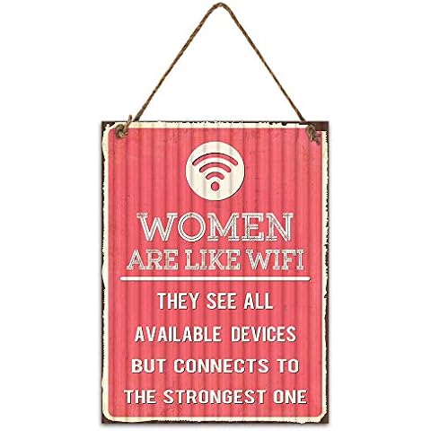 Corrugated Pink Metal Hanging Sign for Women,Vintage Decorative Wall Sign with Sayings for Women Gift-Women are Like Wifi 11.5" x 15.75" Cover