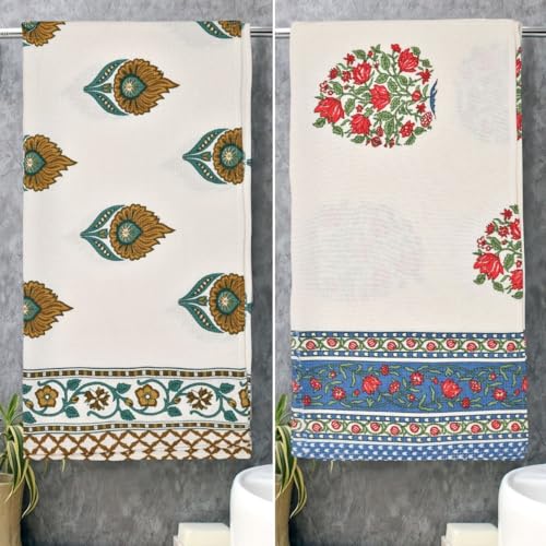 Image of Mafatlal Madhuban Cotton Waffle Bath Towels - Super Soft & Quick Dry | 147x76 cm | 250 GSM | Indian Floral Print, Premium Feel | Set of 2 | Gold N Blue