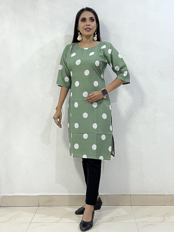 Image of Trendy Kurti|Green Coin Printed 3 /4 Sleeve Kurti|Fashionable Dress|Poly Crepe Polka Dot Knee Length Women Short Kurti|Boat Neck Dress for Daily, Casual Wear