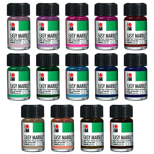 Marabu Easy Marble Paint Set - 14 Basic and Pastel Colors Marbling Paint Kit for Kids and Adults - Hydro Dipping, Tumbler Making, Paper - 2022 Release