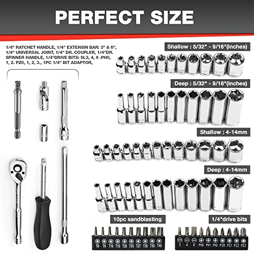 Image of EACELIY 75pcs 1 /4 inch Drive Impact Socket Set, Master Socket Set,Wrench Set with 1 /4 inch Bit Adapter, Universal Joint, Ratchet, 1 /4 inchDrive Bit Set Extension (5 /32 inch - 9 /16 inch, 4-14mm)