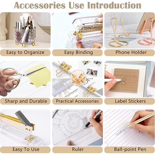 Gold Desk Accessories, Office Desk Organizers and Accessories 360°Pen Holder Acrylic Stapler Set, Phone Holder, Ballpoint Pen, Scissor, Binder Clips, Ruler, Transparent Glue, Sticky Note and Staples. - Thumbnail 5