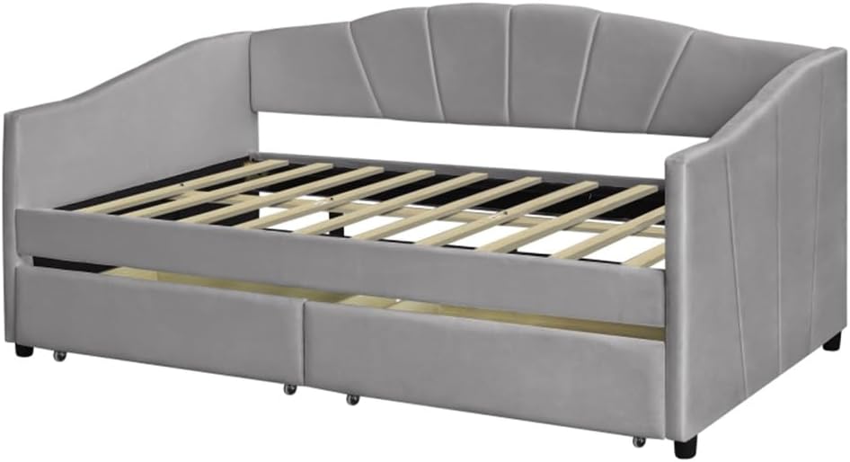 Gray Upholstered Daybed Twin Size with Two Drawers and Wood Slat,Soft and Comfortable,for Living Room Furniture