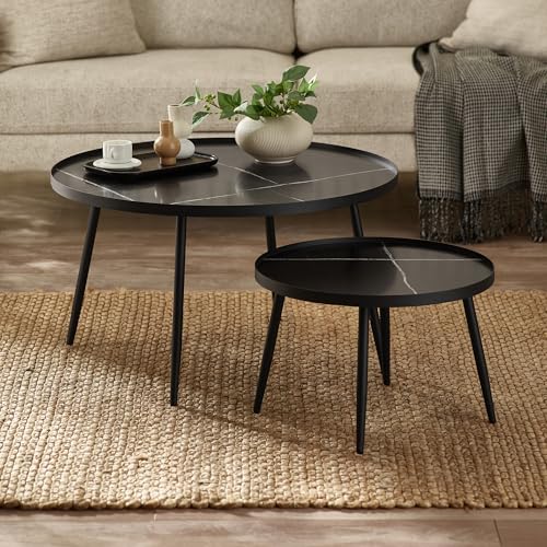Julian Bowen Nolan Nesting Coffee Table - Black Round Living Room Table Set, Modern Marble Effect Design - H 44.5/33 x W 78/50cm