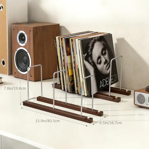 Image of Walnut Vinyl Record Storage Holder with Now Playing Display - Holds 75 LPs, Solid Hardwood & Steel, Album Rack Organizer for Music Lovers