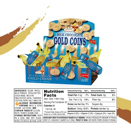 Elite Milk Chocolate Gold Coins, Individually Wrapped, Mesh Bags Filled With Menora Embossed Hanukkah Gelt Coins, Gluten Free, 0.53 Ounce (Pack Of 24) #TOP7