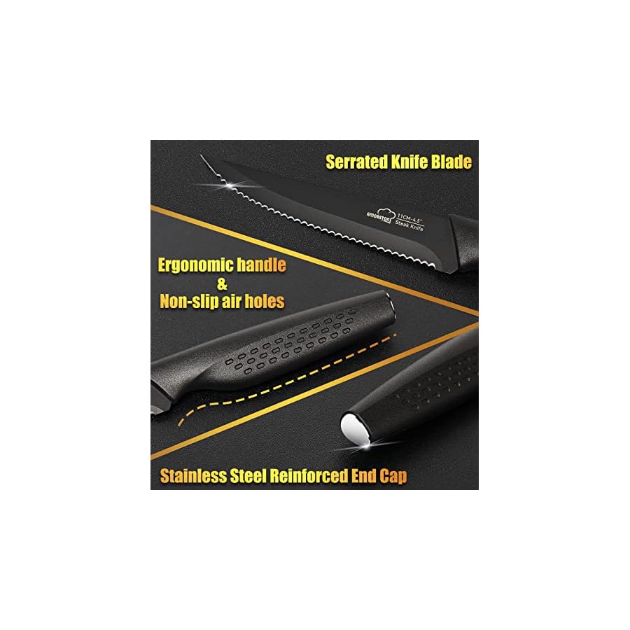 Steak-Knives-Set-of-8-Stainless-Steel-Steak-Knife-Set-Serrated-Steak-Knives-Dishwasher-Safe-Elegant-Black Amorston Steak Knives, Steak Knives Set of 8, Stainless Steel Steak Knife Set, Serrated Steak Knives Dishwasher Safe, Elegant Black