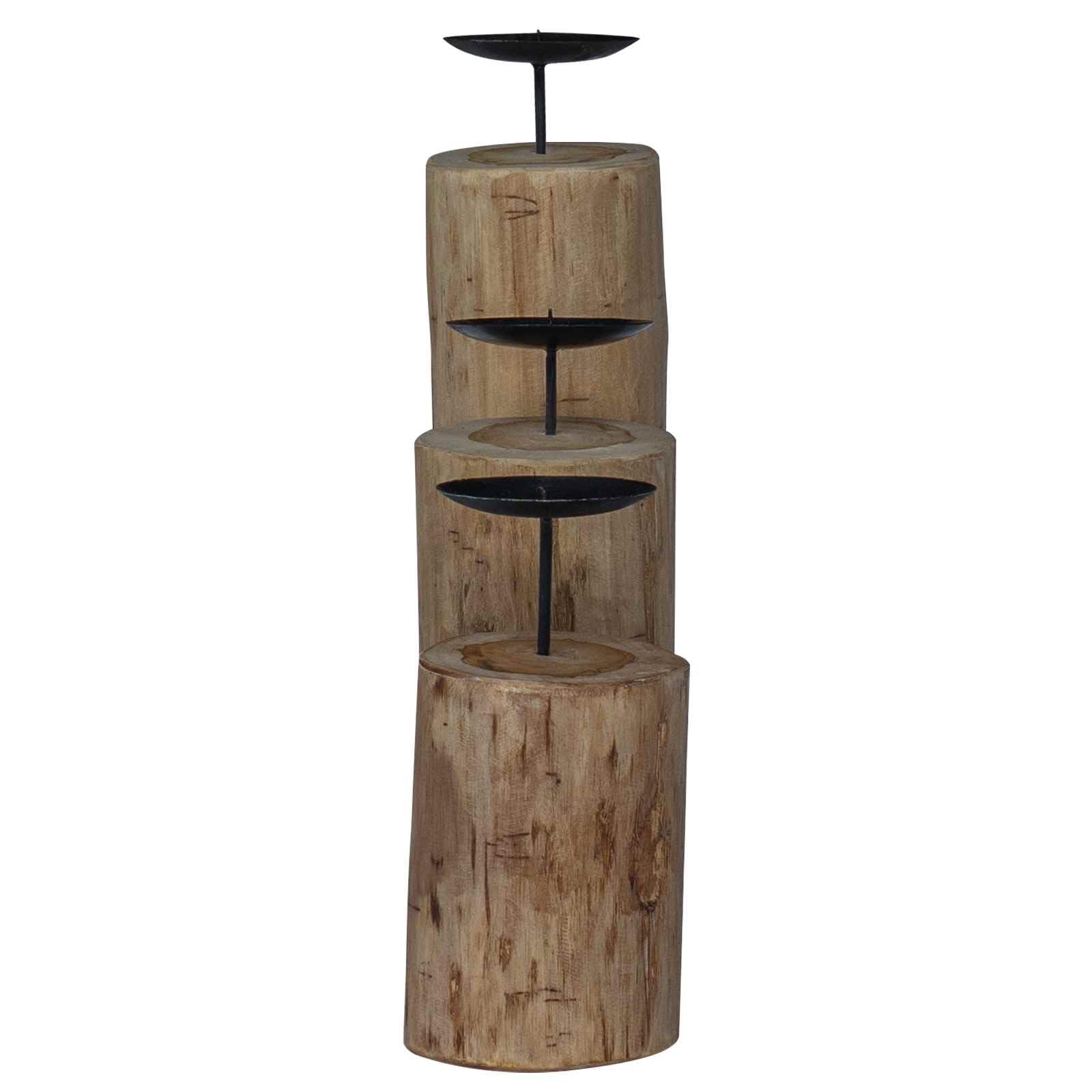 Kerzenhalter Set aus massivem Teakholz Natur, 3 Stück für Stabkerzen und Säulenkerzen, mit Maßen 12x12x29 12x12x20 12x12x15 cm, für Tischdeko im Wohnzimmer
