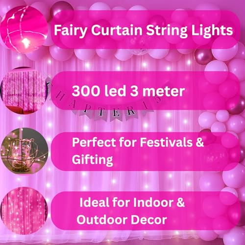 Image of One94Store Fairy Curtain String Lights for Wall Decoration, USB Powered 300 LED's, 8 Flashing Modes, Window Backdrop Lights for Bedroom, Party, Diwali, Christmas - (3x3 Meter) Pink