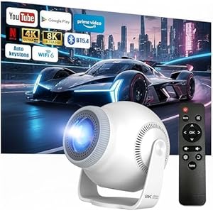 Mini Beamer Unterstützt 4K & 8K 1080P, Smart Beamer mit 5G WiFi 6 BT 5.4, Android 14-System, Tragbarer Projektor 270° Dreh mit HDMI/USB/DC, 8G Speicher, Auto Horizontal Trapezoid Correction (Weiß)