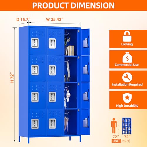 Image of Aobabo 12 Doors Metal Storage Locker for Employees, Storage Lockers for School Office Gym Bedroom, Industrial Steel Storage with 12 Hooks, Blue, Assembly Required