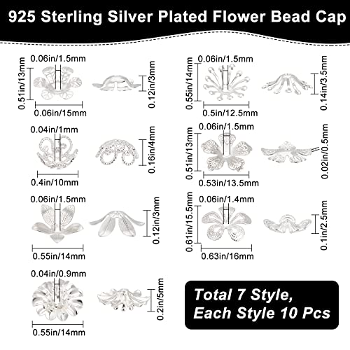 Beebeecraft 70Pcs/Box 7 Style Spacer Beads Caps 925 Sterling Silver Plated Hollow Flower Beads End Caps Loose Accessories for Bracelet Necklace DIY Jewellery Making Crafts Supplies - Image 2