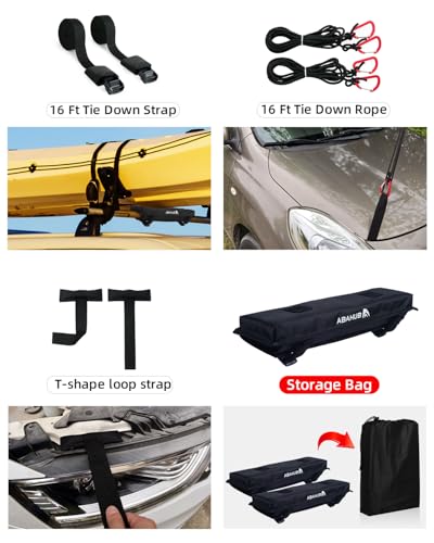 Image of Abahub Soft Roof Rack Pads with 2 Tie Down Straps, 2 Tie Down Ropes, 2 Hood Loops and Storage Bag, for Surfboard, Kayak, Canoe, Heavy Duty Universal Car Roof Racks System Black 17 Inch | Car Roof Rack Pads Use with Cross Bar, with 2 Tie Down Straps, 2 Tie Down Ropes, 2 Hood Loops and Storage Bag