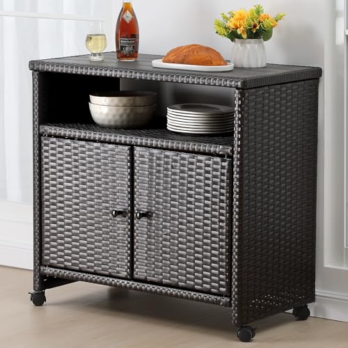 Googic Outdoor Wicker Storage Cabinet - Patio Bar Table With Wheel,Outdoor Buffet Cabinet Movable,Garden Weather-Proof Bar Table/Cart For Indoor&Outdoor thumb #3