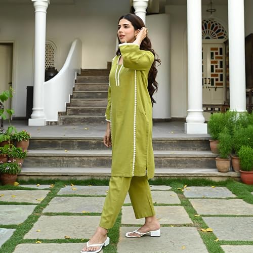 Image of GoSriKi Women's Cotton Blend Solid Ethnic Co-ord Set