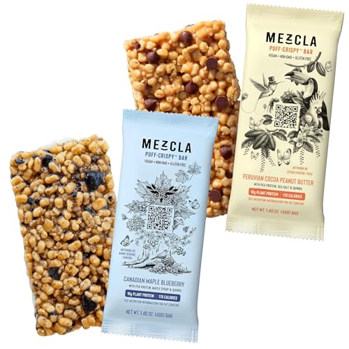 Mezcla Vegan Protein Bars, Gluten Free Snack Peruvian Cocoa Peanut Butter & Canadian Maple Blueberry, 10g of Protein, 12 Pack per flavor
