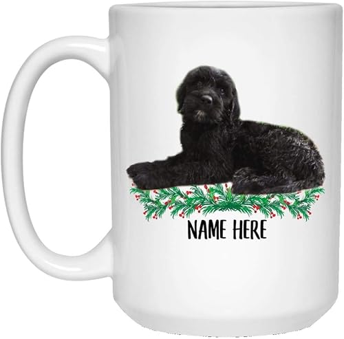 Regalos de texto personalizados divertidos Goldendoodle Black con nombre personalizado de Navidad 2023, taza de café blanca de 15 onzas