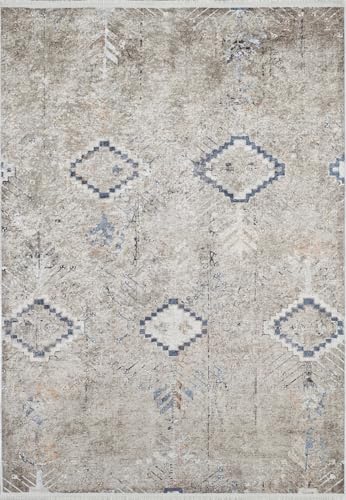 Villahermosa ベージュ モダン ノンスリップ 洗濯機対応 ラグ リビングルーム 寝室 廊下 ボーホー モロッコ ソフト ニュートラル ヴィンテージ ルック 幾何学模様 ボヘミアン カーペット アンティーク調 屋内 折りたたみ式 滑り止め エリア