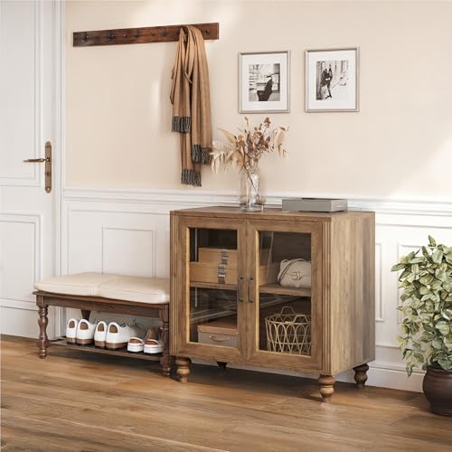 NEWOWNDS Buffet Cabinet Sideboard with Storage, Modern Storage Cabinet with Glass Doors, Boho Credenzas Farmhouse Glass Display Buffet Table Console Coffee Bar Cabinet for Entryway Living Room