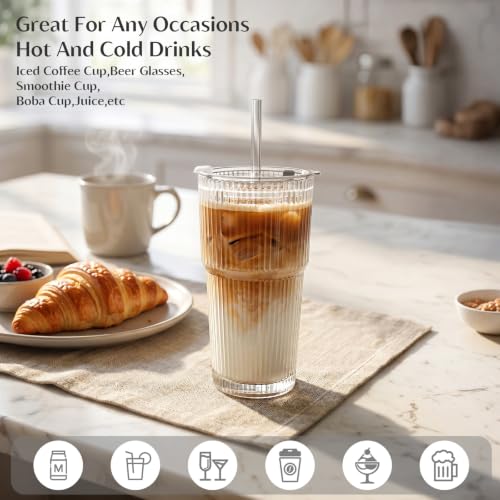 Image of INSETLAN 20 oz Ribbed Glass Tumblers with Lids and Glass Straws - 2-Piece Glassware Set, Heavy-Duty Tumblers, Ideal for Iced Coffee, Smoothies, Cocktails, and Juices - Elegant and Durable Drinkware