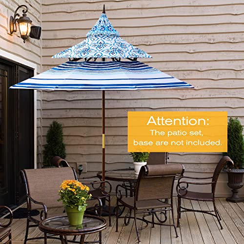 Aoodor 9Ft Umbrella Outdoor Pagoda Patio Table Market Umbrella 3 Tier With Eucalyptus Wooden Frame - Floral Blue White Porcelain Color (Umbrella Only) #TOP2