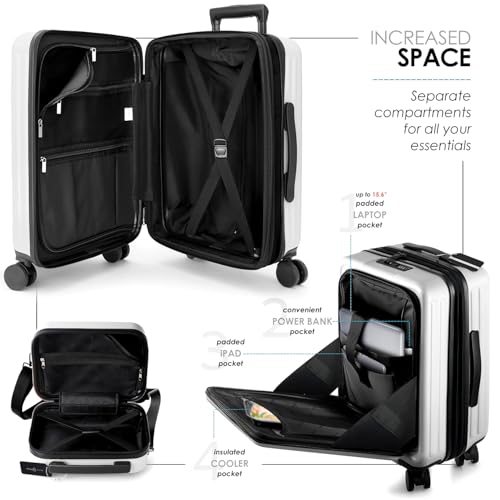 Image of 20 Inch Carry On Luggage 22x14x9 Airline Approved, Carry On Suitcase with Wheels, Hard-shell Carry-on Luggage, Durable Luggage Carry On, White Small Suitcase with Cosmetic Carry On Bag
