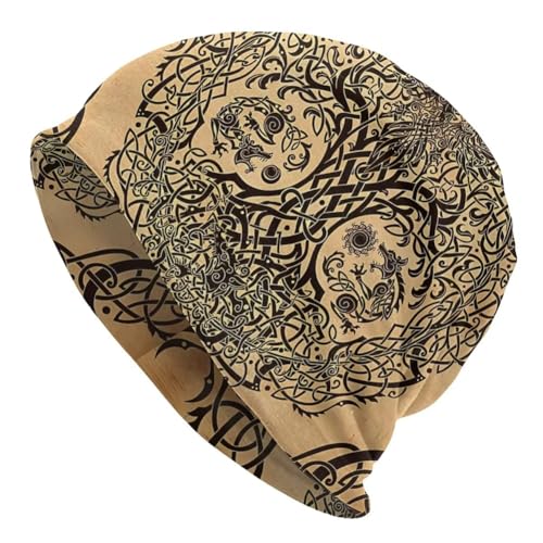 Gorras Gorros con Estampado Lobo del Árbol Vida Vikingo Unisex - Mitología Nórdica Sombreros Pirata Gráficos Yggdrasil - Pagan Vintage Odin Nudo Celta Fenrir Animales Elástico Gorro Fino