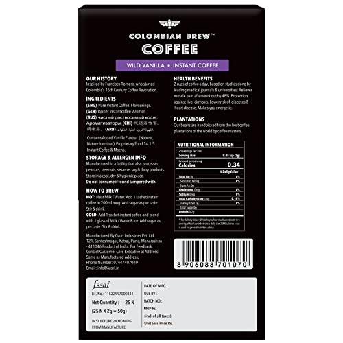 Image of Colombian Brew Vanilla Instant Coffee Powder, No Sugar, 20 Sachets (Pack of 2)