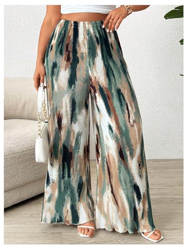 GORGLITTER Women's Plus Size Tie Dye Pleated Palazzo Pants High Waisted Wide Leg Loose Casual Flowy Pants4