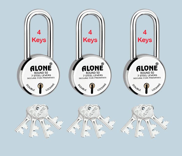 Alone Round Padlock Small Size 50 mm 3 Padlocks 4 Each Keys Long Shackle Double Locking | Padlocks for Home Door Grill gate Shop Shutter, Chrome Finish Rust Free (Pack 3)-image-45