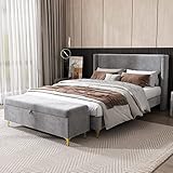 Idemon Cama tapizada con banco tapizado, cama con somier, cabecero alto, cabecero acolchado, banco con espacio de almacenamiento, caja de almacenamiento, 180 x 200 cm, terciopelo, gris