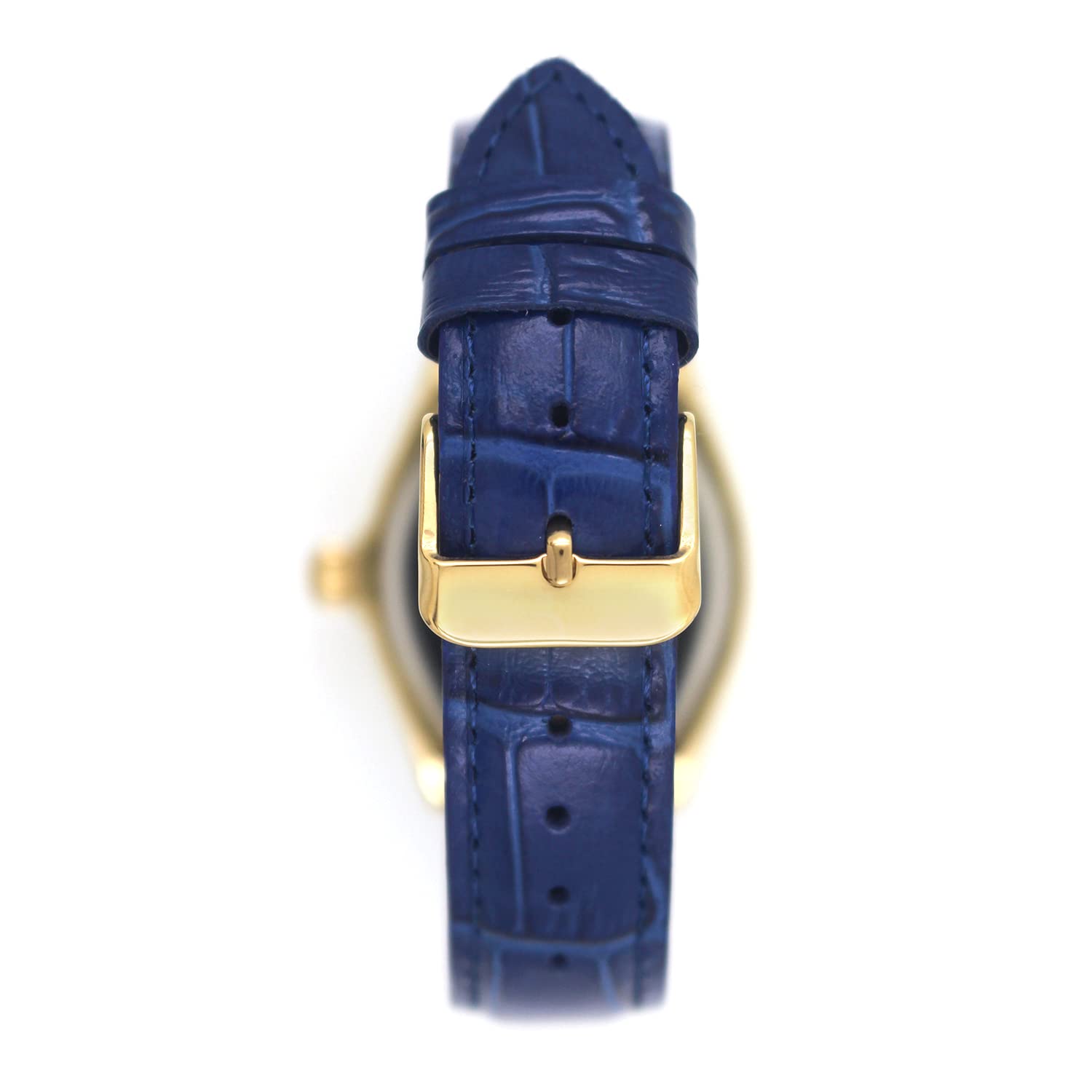 Peugeot Women's 14K Gold Plated Watch - Barrel Shaped Crystal Studded Bezel and Leather Wrist Strap (Blue)