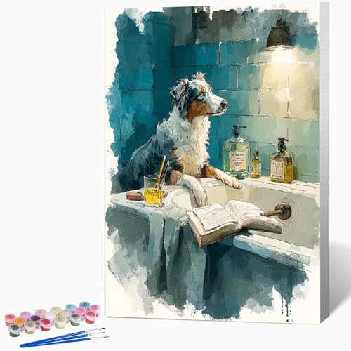 動物 ペイントバイナンバーキット犬 数字油絵 塗, DIY手描き油絵セット(ブラシ3本とアクリル絵の具を含む)、キャンバスセット、家の壁の装飾ギフト,誕生日プレゼント女性 40*50CM フレームなし -WX25107E